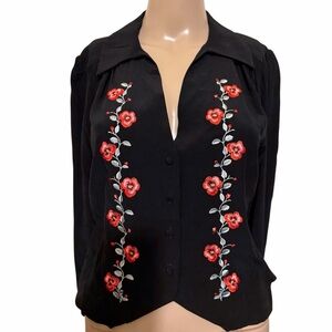 RIXO Black Blouse with Red Floral Embroidery